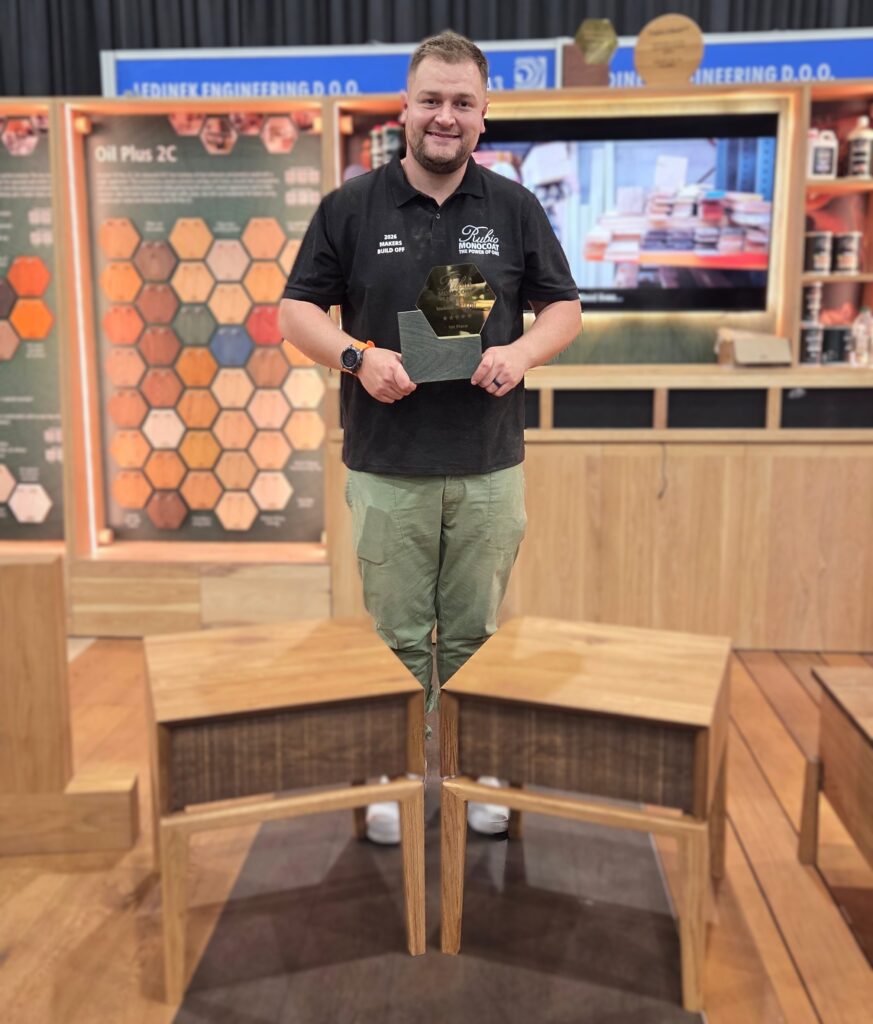 Brandon Scheepers from Made. Dot won the 2026 Rubio Monocoat Makers WoodEx Build-off